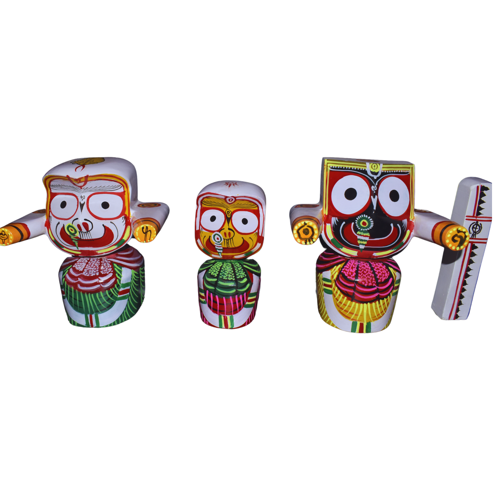 Wooden Lord Jagannath, Balabhadra, Subhadra 8 Inch Idol Collection Set with Sudarshan(Pack of 4, Multicolor)