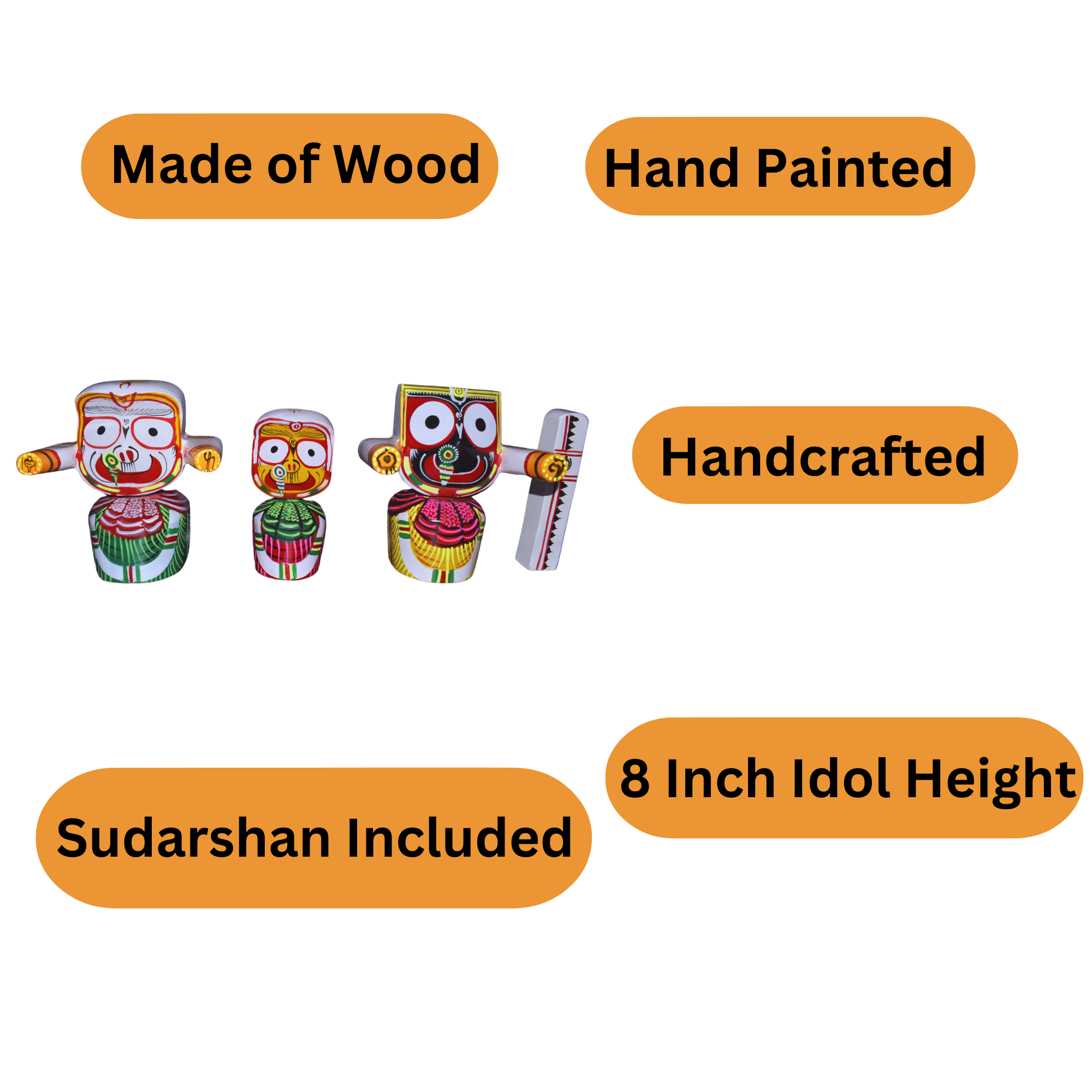 Wooden Lord Jagannath, Balabhadra, Subhadra 8 Inch Idol Collection Set with Sudarshan(Pack of 4, Multicolor) - Image 2