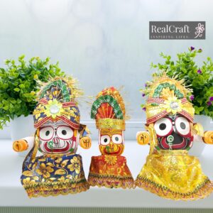 Wooden Idol of Lord Jagannath,Balaram and Subhadra | Hindu God Made of Wood with Poshak Dress Mukut | Singhara Vesa| 6 inch,Multicolour