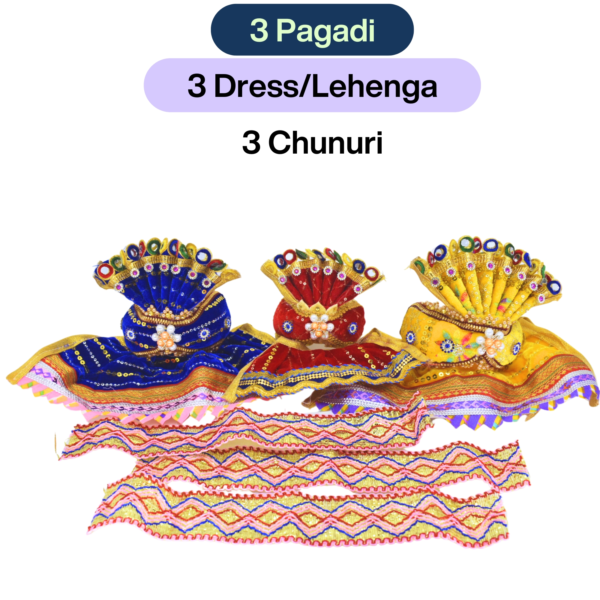 8 Inch (20cm) Vibrant Multicolor Complete Attire Set for Lord Shree Jagannath Idol (Pack of 3,Multicolor) - Image 3