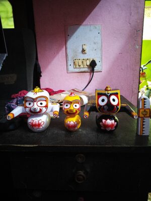 Jagannath World Shree Lord Jagannath Balaram and Subhadra Maa Neem Wood Idol 5-Inch (White Black Yellow)