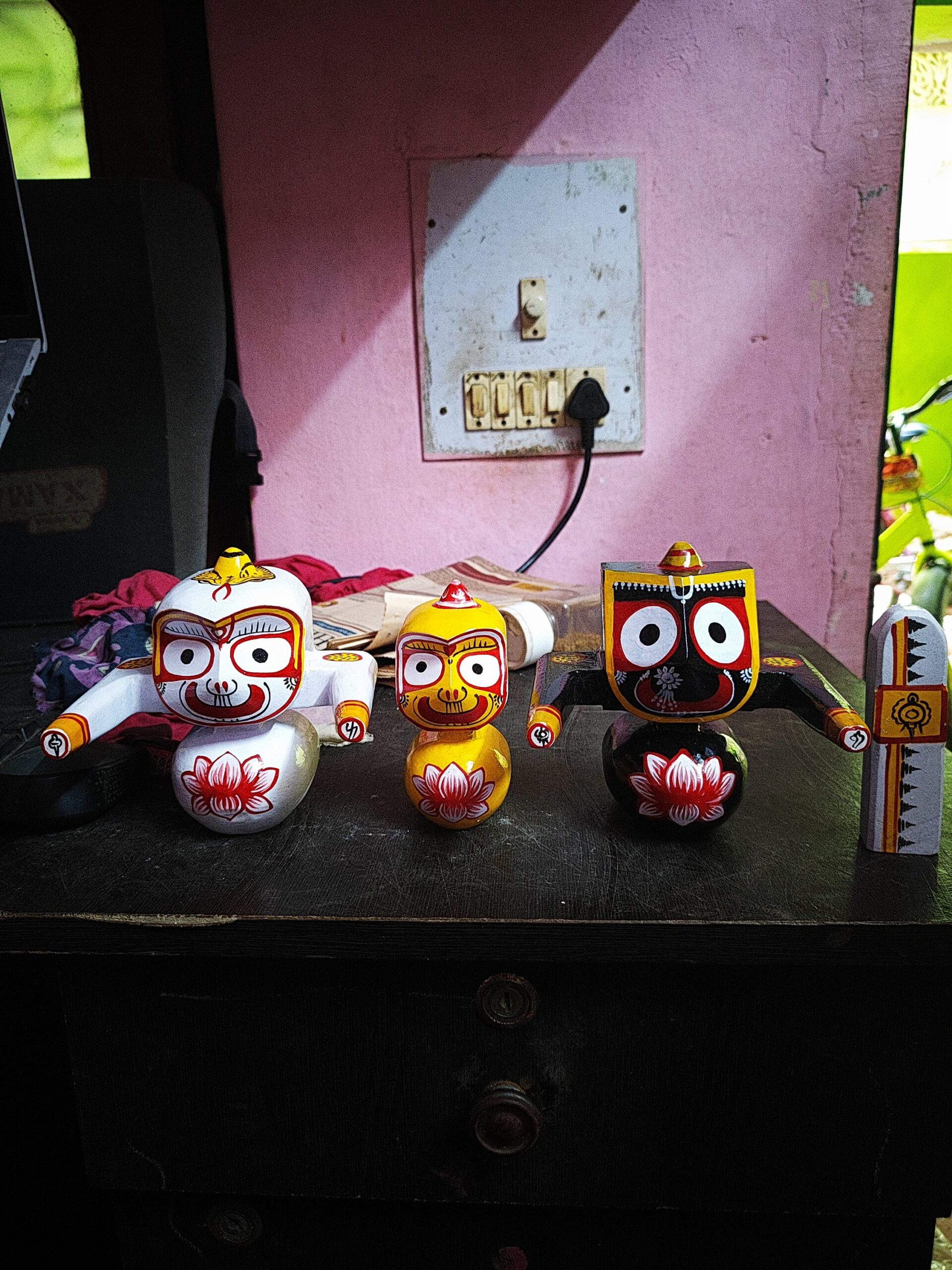 Jagannath World Shree Lord Jagannath Balaram and Subhadra Maa Neem Wood Idol 5-Inch (White Black Yellow)