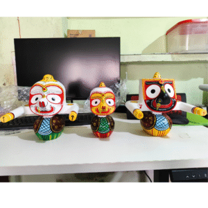 8- Inch Handcrafted Neem Wood Jagannath Balabhadra Subhadra Sudarshan Idol Set | Traditional Wooden Puri Idol for Pooja & Home Temple