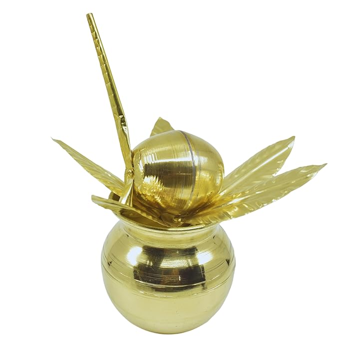 4.5Inch Brass Mangal Kalash Intricate Coconut and Mango Leaf, 3 Piece