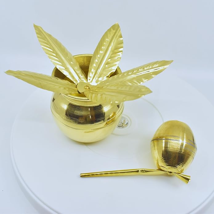4.5Inch Brass Mangal Kalash Intricate Coconut and Mango Leaf, 3 Piece - Image 2