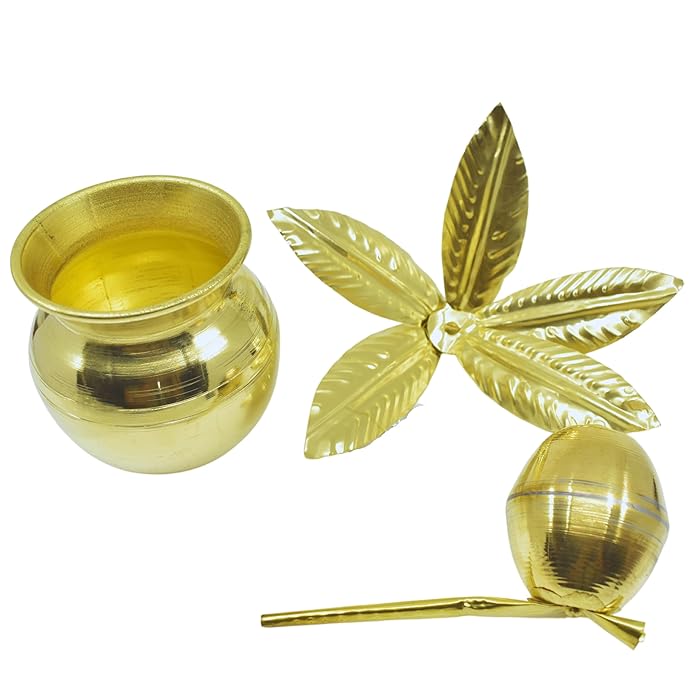 4.5Inch Brass Mangal Kalash Intricate Coconut and Mango Leaf, 3 Piece - Image 3