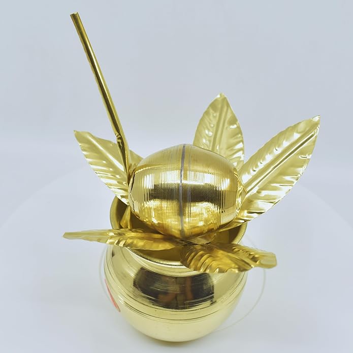 4.5Inch Brass Mangal Kalash Intricate Coconut and Mango Leaf, 3 Piece - Image 4
