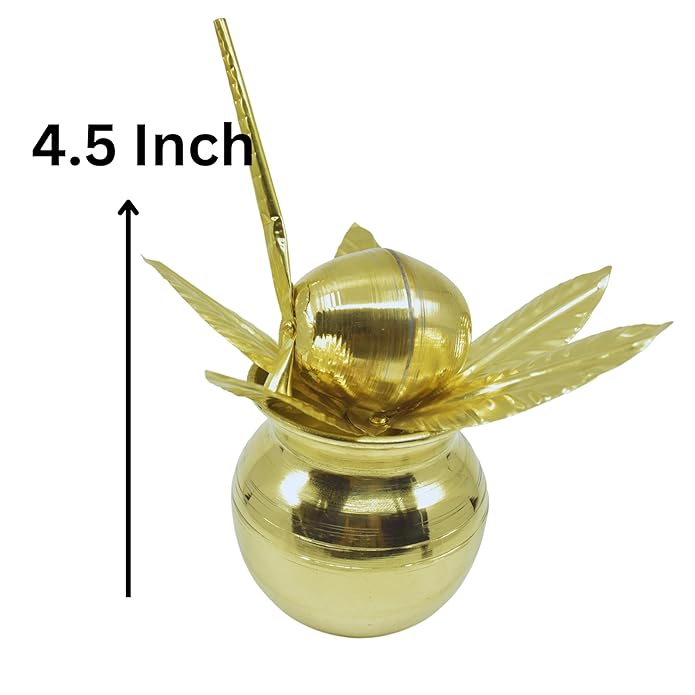 4.5Inch Brass Mangal Kalash Intricate Coconut and Mango Leaf, 3 Piece - Image 5