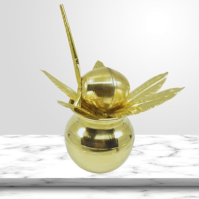 4.5Inch Brass Mangal Kalash Intricate Coconut and Mango Leaf, 3 Piece - Image 6
