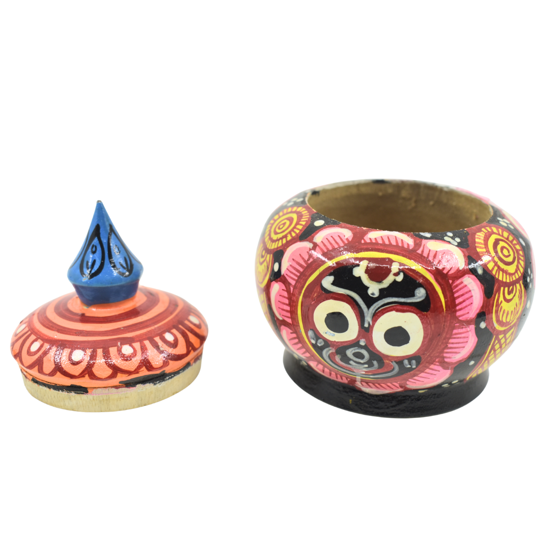 Wooden Handcrafted Sindoor Box – 4 Inch | Hand-Painted with Lord Jagannath, Balabhadra & Subhadra Artwork,Pack 1 - Image 3