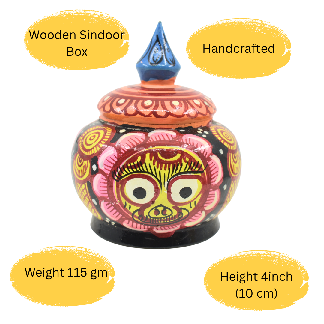 Wooden Handcrafted Sindoor Box – 4 Inch | Hand-Painted with Lord Jagannath, Balabhadra & Subhadra Artwork,Pack 1